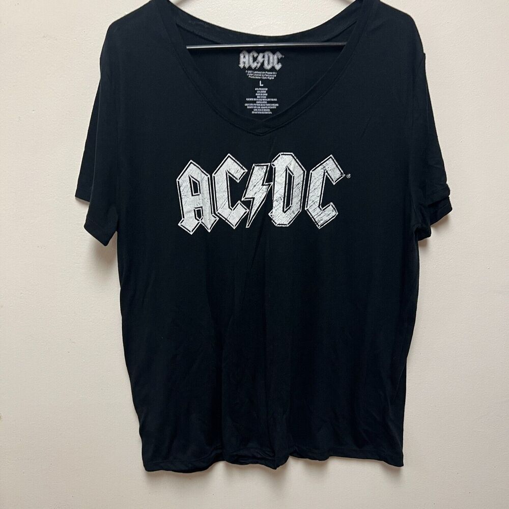 AC/DC Classic Black Womens V Neck L Spell out Logo Lightning Bolt Music